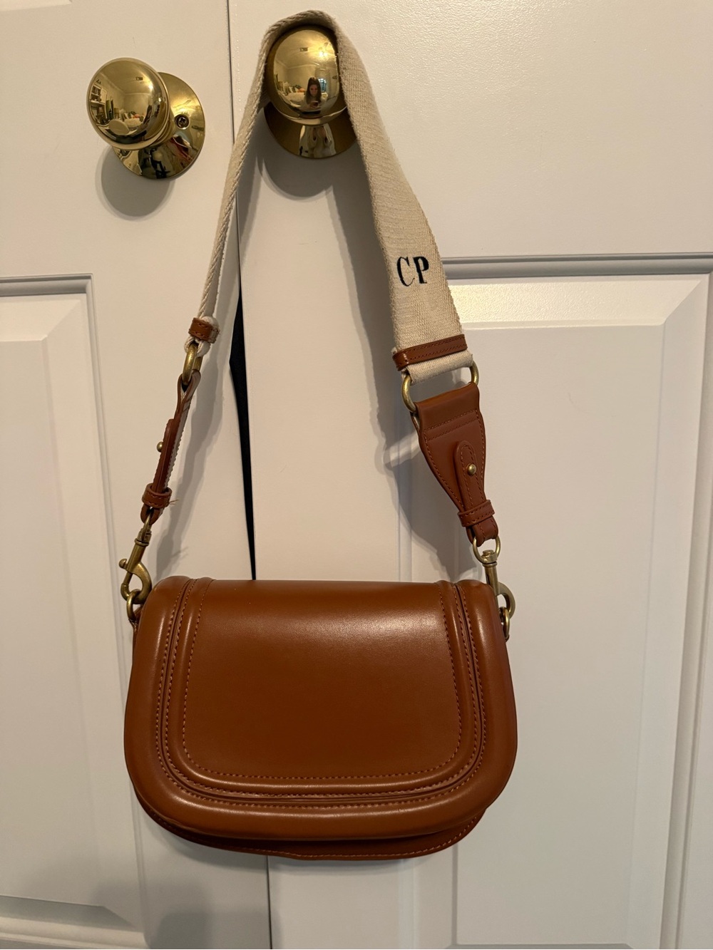 Leather Saddle Bag with Contrast Canvas Strap - Brown